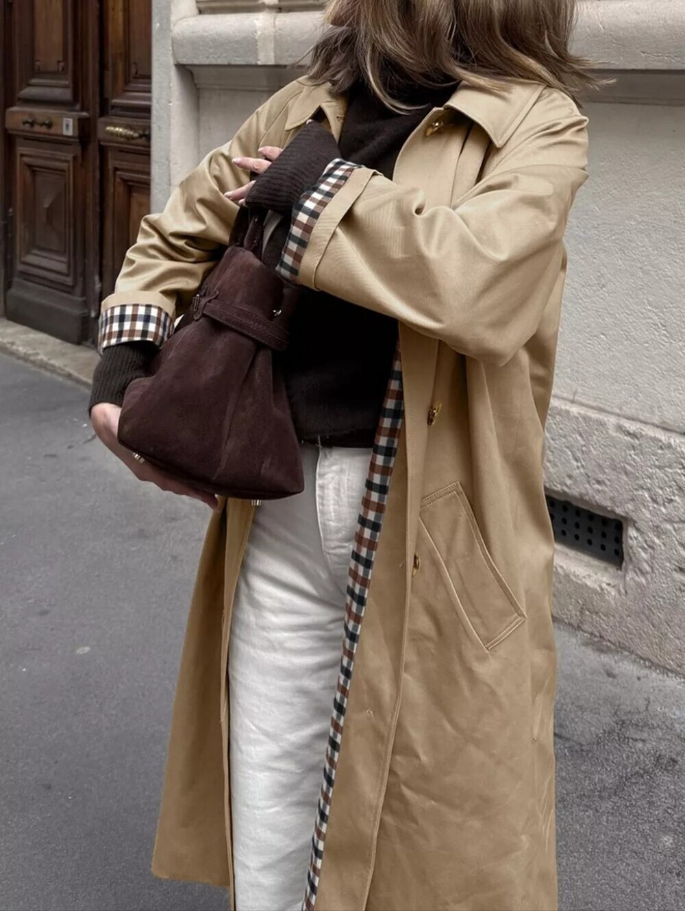 Checkered Lining Button Up Trench Coat